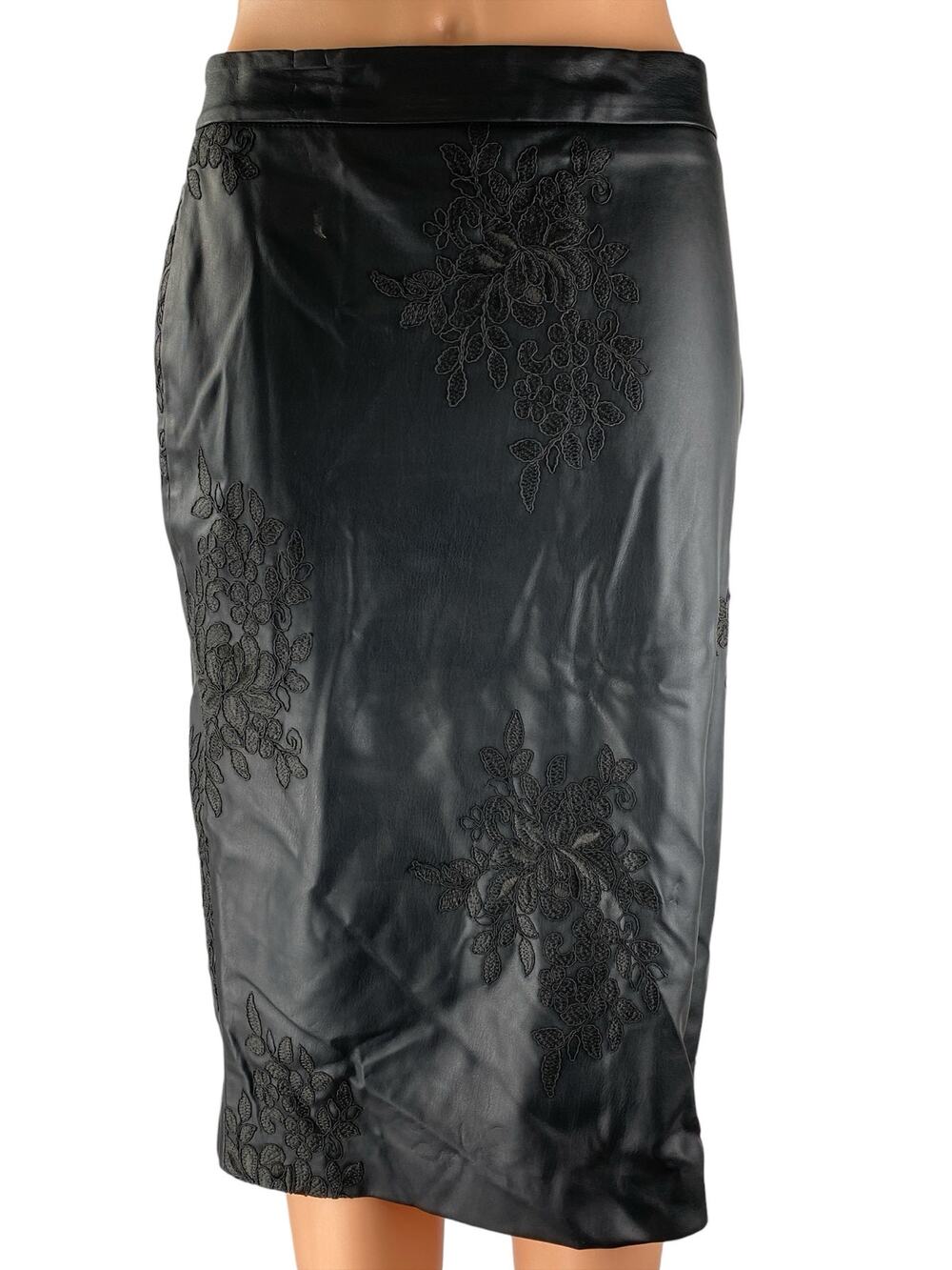 ZARA Black Faux Vegan Leather Floral Embroidered Midi Straight Pencil Skirt Sz M